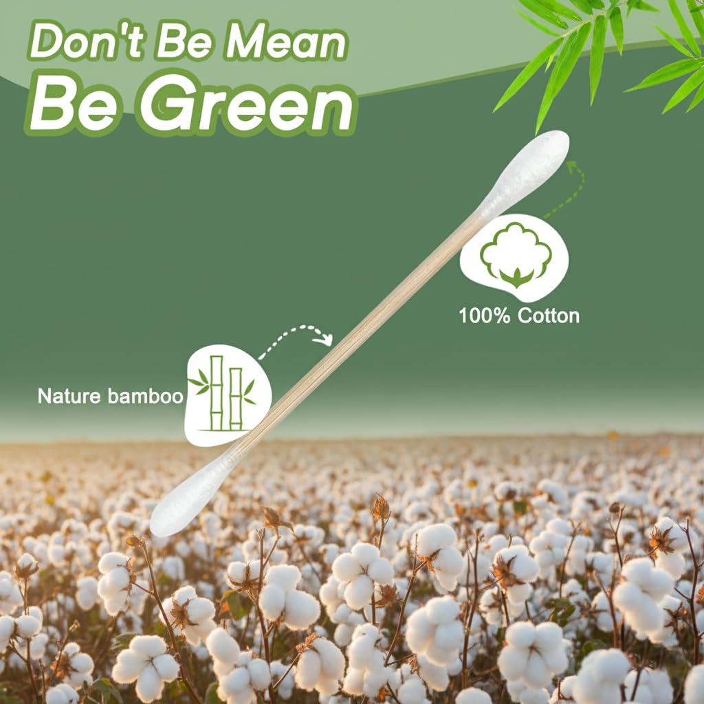 Bamboo Cotton Swabs 1000 Count, Disposable Cotton Applicators with Bamboo Stems and Soft Cotton Tips for Makeup Touch-Ups, Skincare, Nail Polish Cleanup and Personal Care, 10 Packs