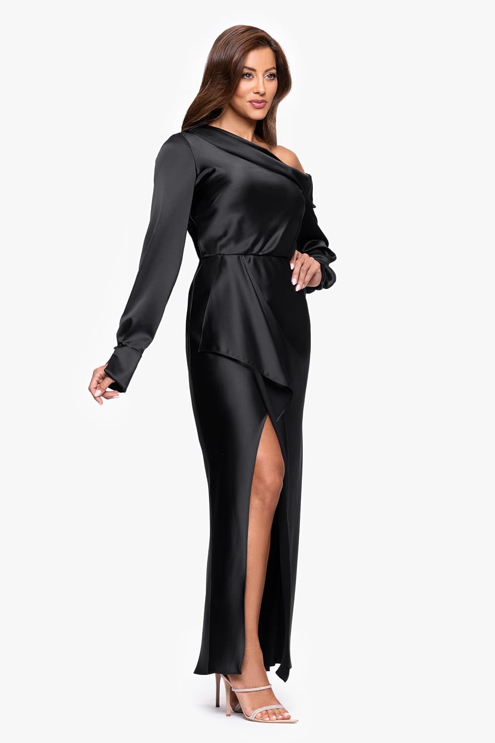 Xscape Women's Satin Drop Shoulder Long Sleeve Ruffle Floor Length Dress