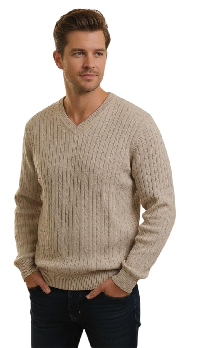 Classic Men's Cable Knit V-Neck Sweater, Beige, Long Sleeve Pullover with Ribbed Trim-picture-32