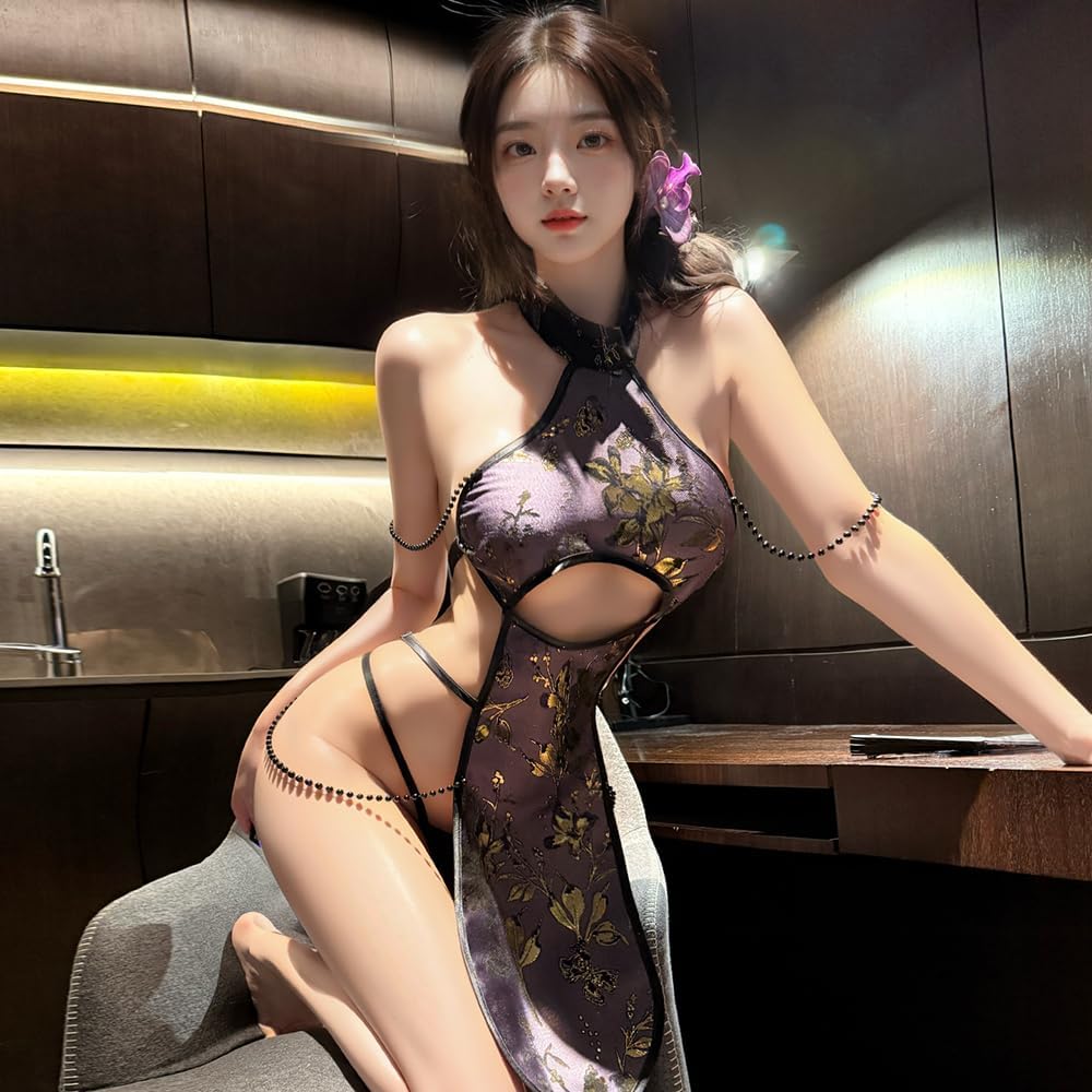 Sexy cheongsam dress for women Lingerie outfit Chinese Qipao cosplay Costume anime Roleplay Sleepwear embroidery High Split Floral Bodycon Chemise Babydoll Thong