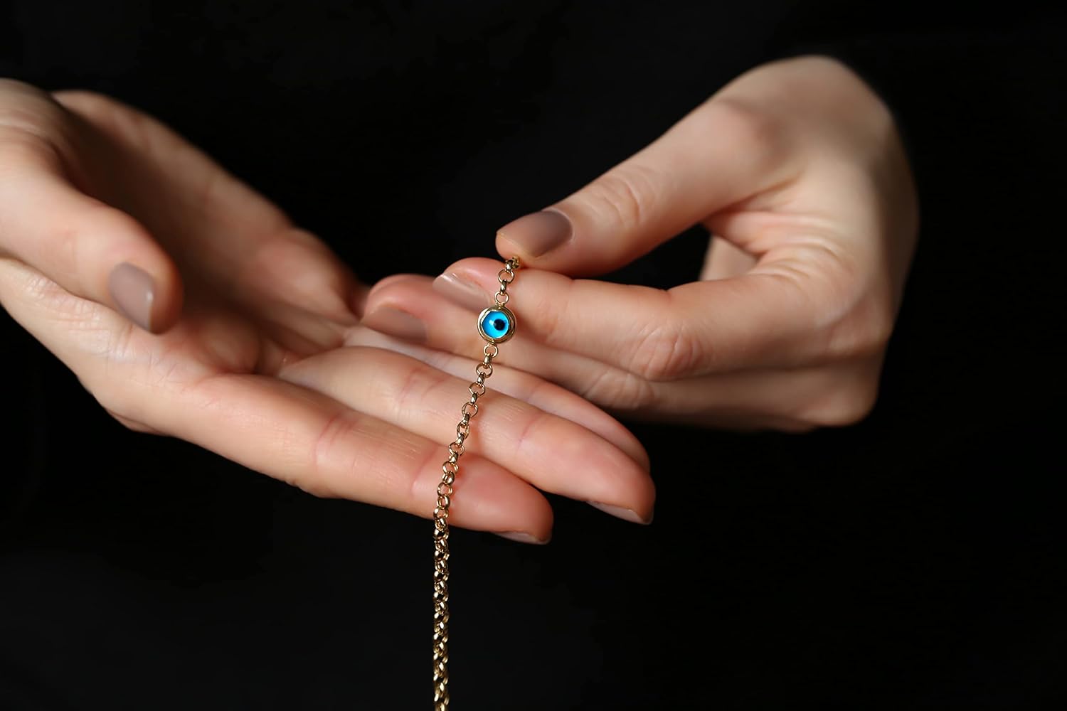 14k Solid Gold 2 Sided Evil Eye Bracelet, Thicker Rolo Chain Cute Dainty Delicate Eye Gold Bracelet, Trendy Blue Eyes Real Gold Eye Bracelet Great Gift for Birthday Women Mom Girls, Jewee Diamond