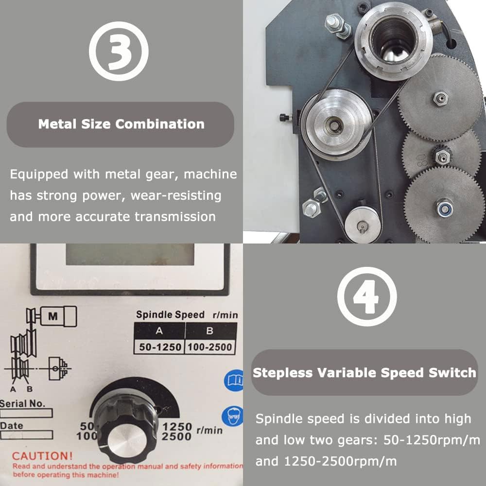 JOSBY Tornio da banco per Metallo di precisione metrica, fresatrice per tornio in Miniatura da 900 W, velocità variabile Continua 50-2500 Giri/min, Foro Passante del mandrino da 38 mm