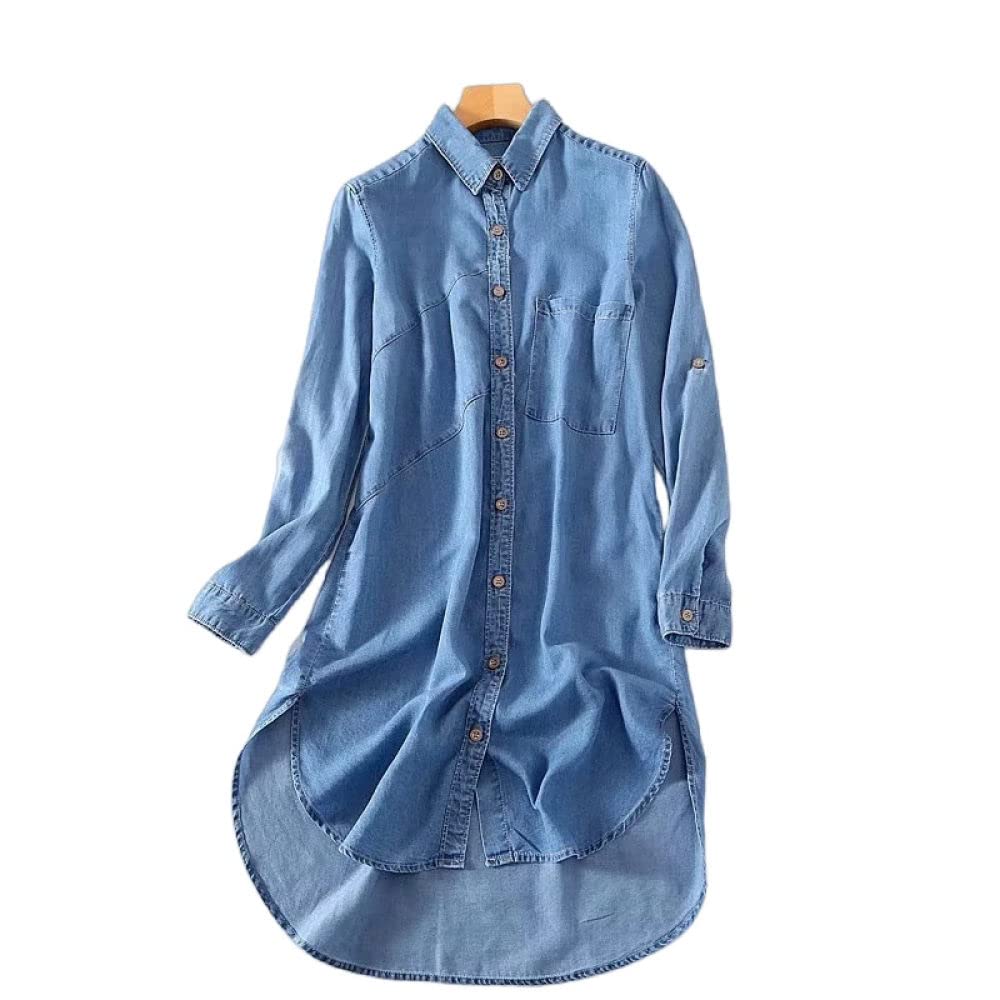 MIDJ Damen Bluse,Elegante Jeansbluse für Damen, Lange Hemdjacke, Hoher Niedriger Saum, Lange Ärmel, Lässige Blaue Jeanshemden, Brusttasche, Tunika, Blusen, Oberteile, Business-Hemd, Sweatshirt für M