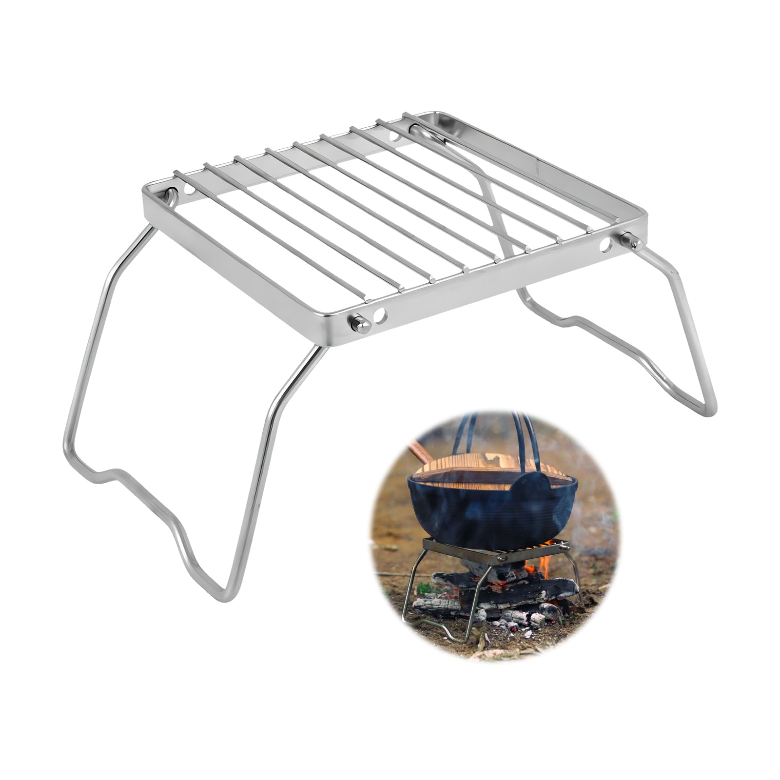 Muiltvoe Folding Campfire Grill Grate, Stainless Steel Grate, Foldable Campfire Barbecue Grill, Rack Stainless Steel Foldable Grill, Ultralight Campfire Stand for Camping Hiking BBQ Fishing