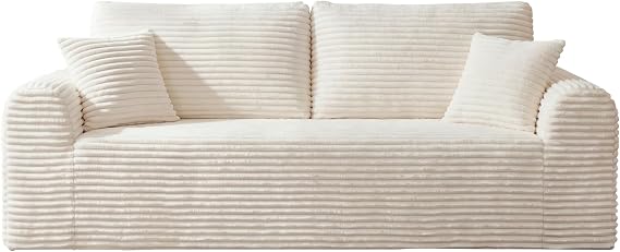 GDFStudio 87 3-Seater Couch, Modular Sectional Sofa, Deep Seat Boneless Corduroy Cloud Sofas & Couches with 2 Pillows & Armrest, No Assembly Required Comfy Floor Couch in a Box for Living Room, White