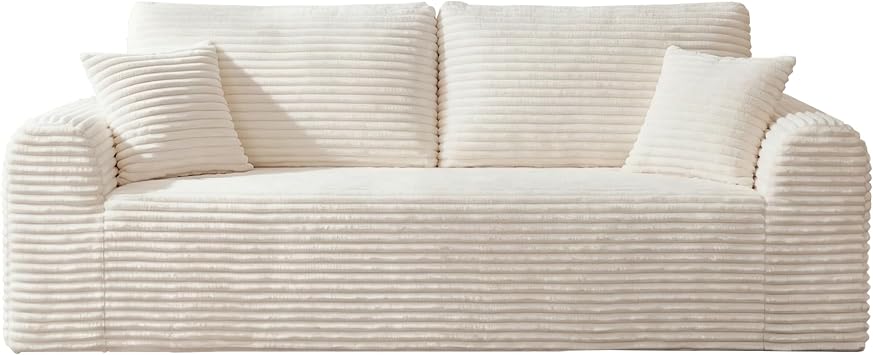 GDFStudio 87 3-Seater Couch, Modular Sectional Sofa, Deep Seat Boneless Corduroy Cloud Sofas & Couches with 2 Pillows & Armrest, No Assembly Required Comfy Floor Couch in a Box for Living Room, White
