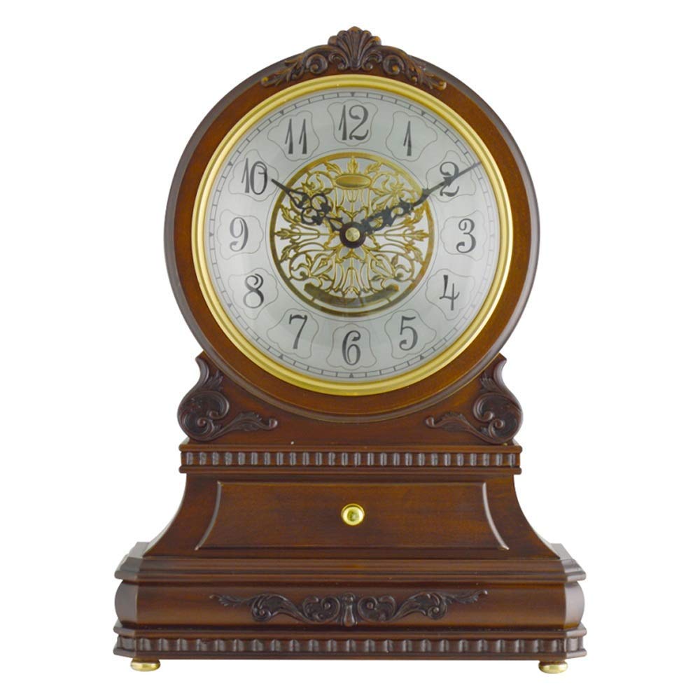 Mantel Clock with Drawer Fireplace Clocks Wood Retro Desk Clock Mute Desktop Battery Powered, Decor Gift (Color : Chestnut)