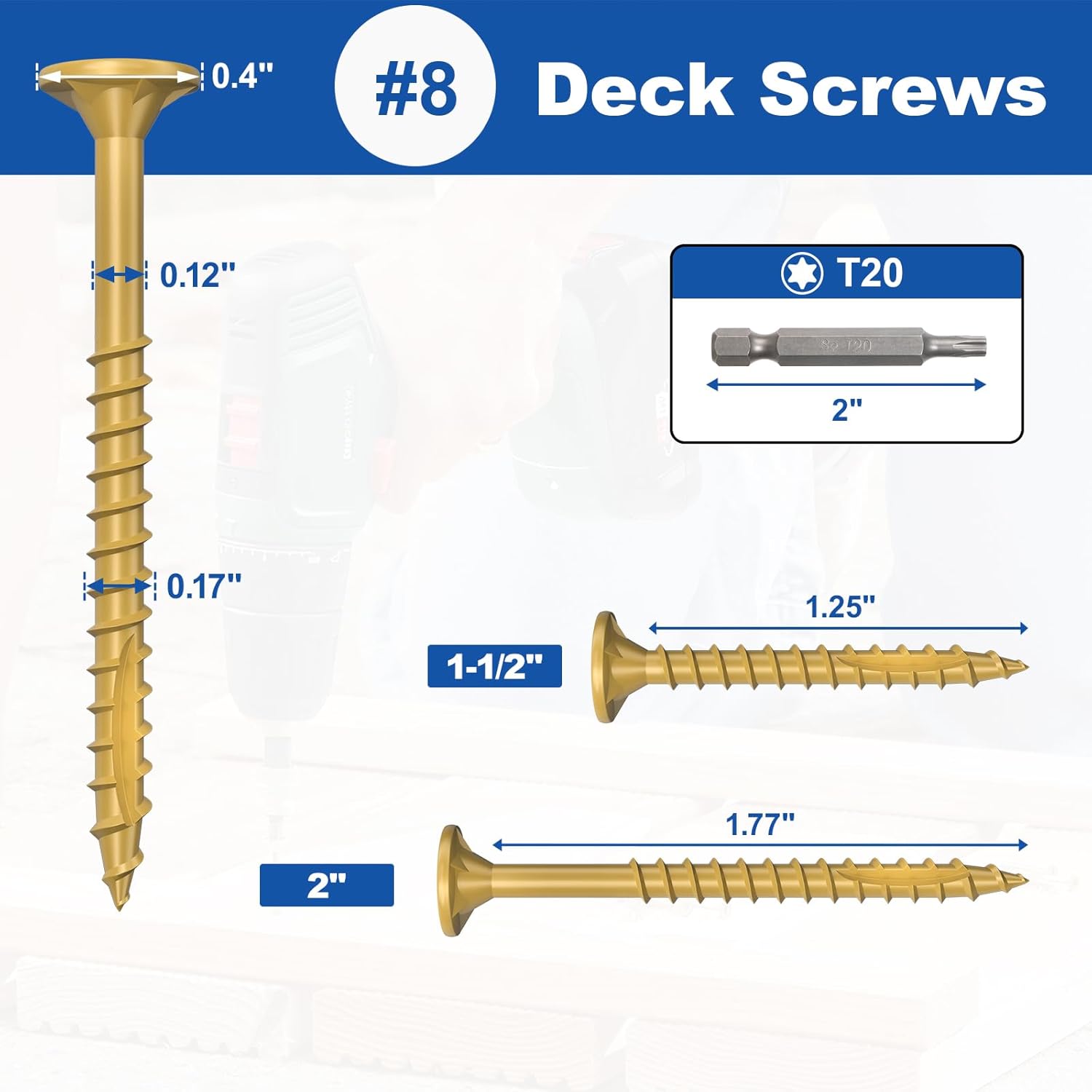 #8 x 1-1/2” Deck Screws, 250Pcs Star Drive Wood Screws, Rust Resistant Timber Screws for Timber/Log/Landscaping Wood, T20 Star Bit Included, Yellow