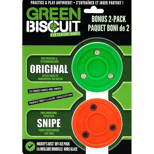Green Biscuit Hockey Puck 2-Pack, Original, Off Ice Hockey Puck/Snipe, Shooting Street Hockey Puck Better Stick Handling, Passing and Shooting