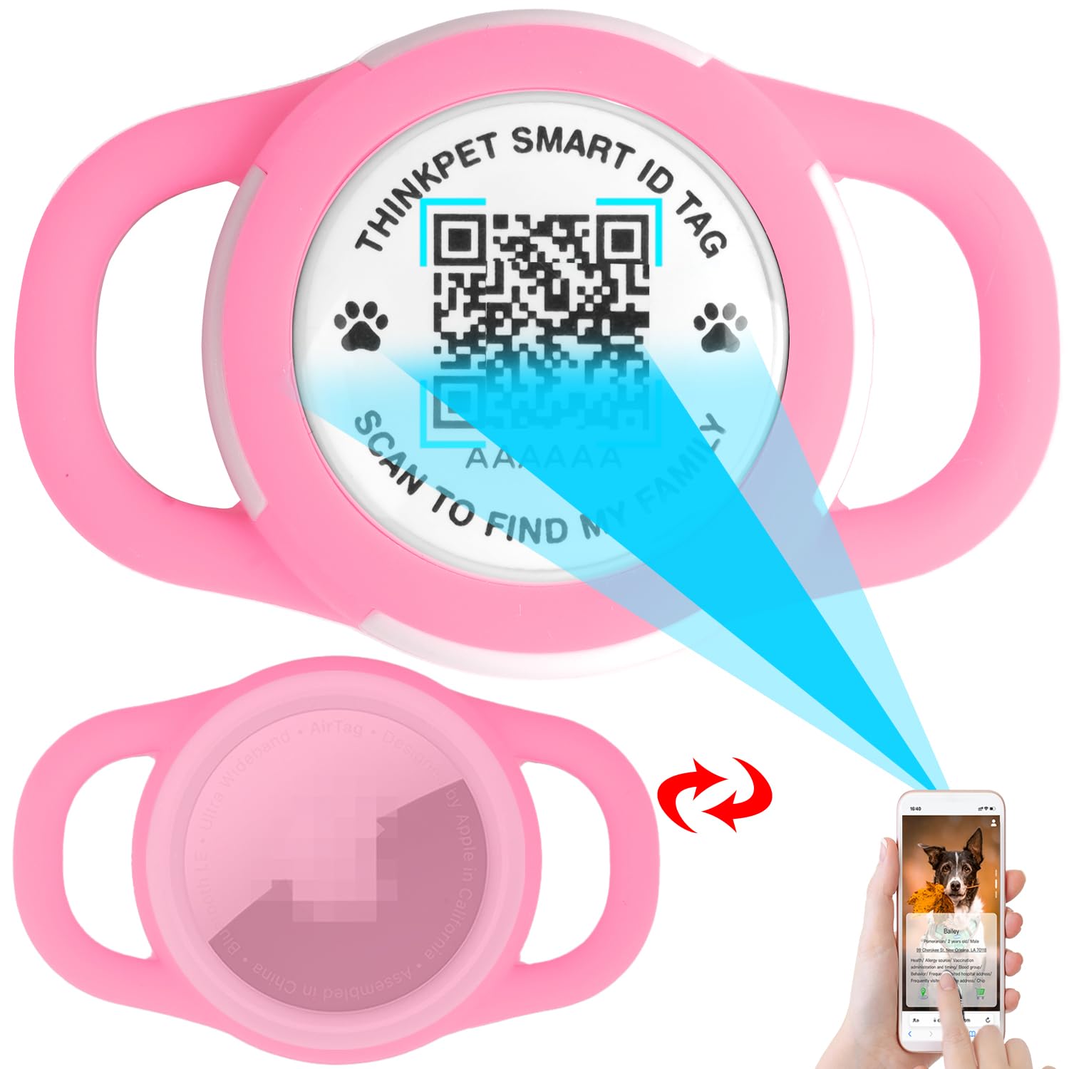 ThinkPet AirTag Dog Collar Holder with QR Code Smart Pet ID Tag, Dual ...