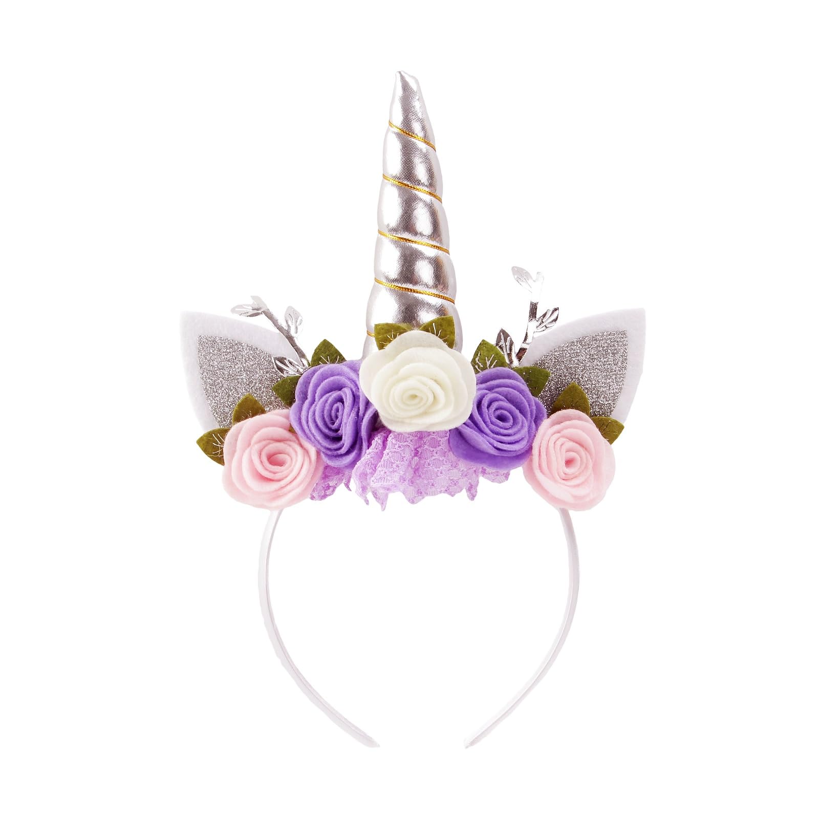 Nishine Unicorn Headband Nonwoven Flowers Cat Ears Pony Head Bands Tiara Glitter Horn for Cosplay Unicorn Party Supplies (Silver,ivory)