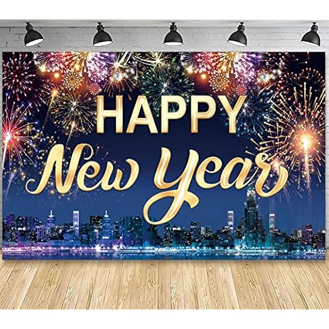 Famoby Happy New Year Fabric Sign Poster Banner Backdrop with Fireworks for New Year Photo Booth Background Party Decorations Cover