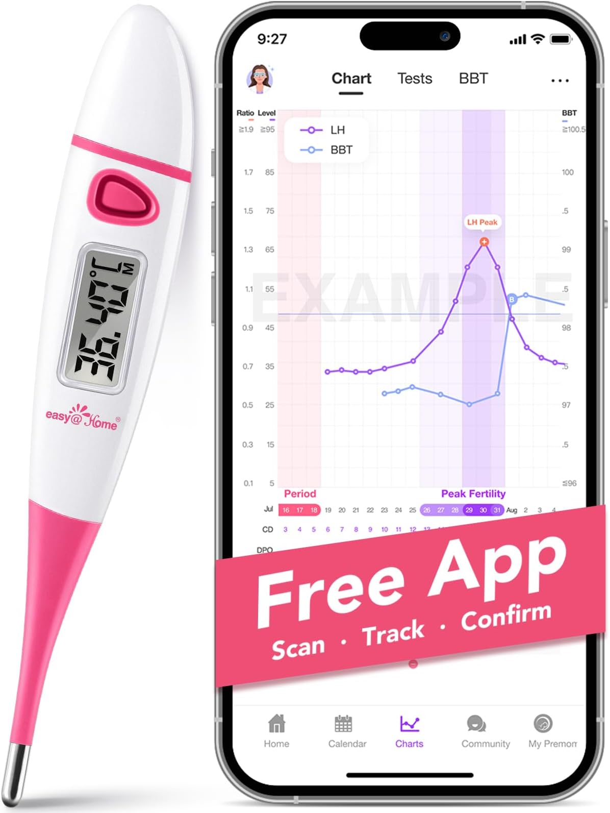 Digital Basal Body Thermometer：Easy@Home BBT Thermometers for Ovulation Fertility Prediction, 1/100th Degree High Precision & Memory Recall – Supports Premom App Scan, Pink