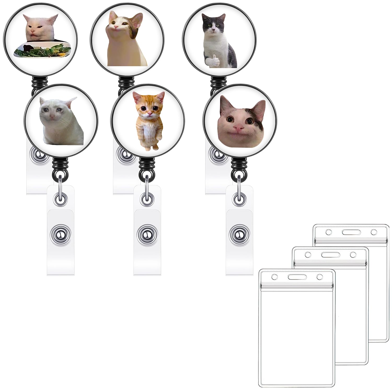 Pounchi Cat Memes Retractable Badge Reels (6 Pack) with Cute Name Tag Card Holder (2 Pack) Funny Cat ID Badge Holders Nursing Badge Reel Badge Clip Gifts for Teens Kids