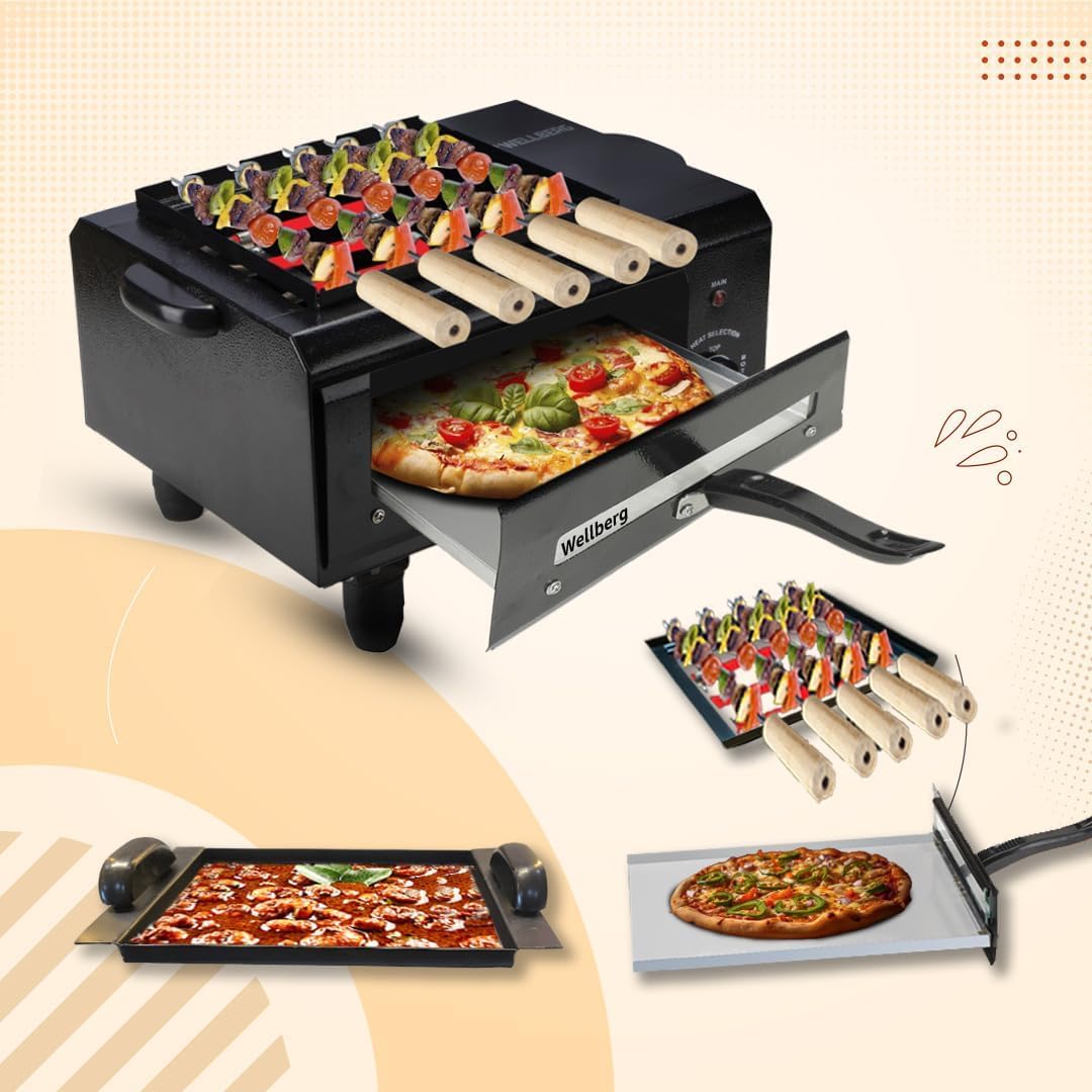 Wellberg 3-In-1 Electric Tandoor 2200 W | Multi-Function Grill, Roast & Bake | Stainless Steel Heating Element | With Pizza Cutter, Recipe Book QR, Gloves & Magic Cloth | 2 Years Warranty