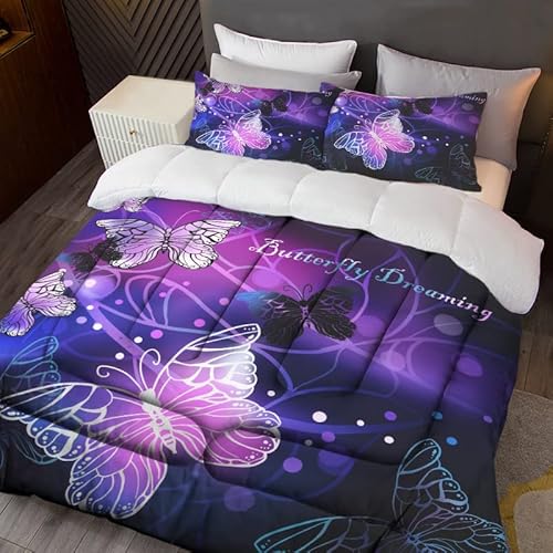Sunnycitron Dreamy Butterfly Comforter Set for Girls Purple Butterfly Bedding 3D Comforter Set Queen 3 Piece Butterfly Comforter Set(1 Comforter + 2 Pillowcases) ,Easy-Wash Fade Resistant