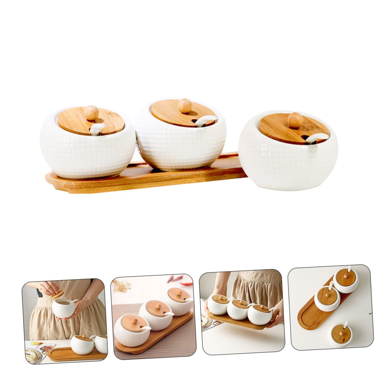 VALICLUD Set Barattolo per Spezie in Ceramica Bianca Coperchio | Cucinare, Legno Incluso, per Peperoncino in Polvere e Sale, Uso Domestico Versatile