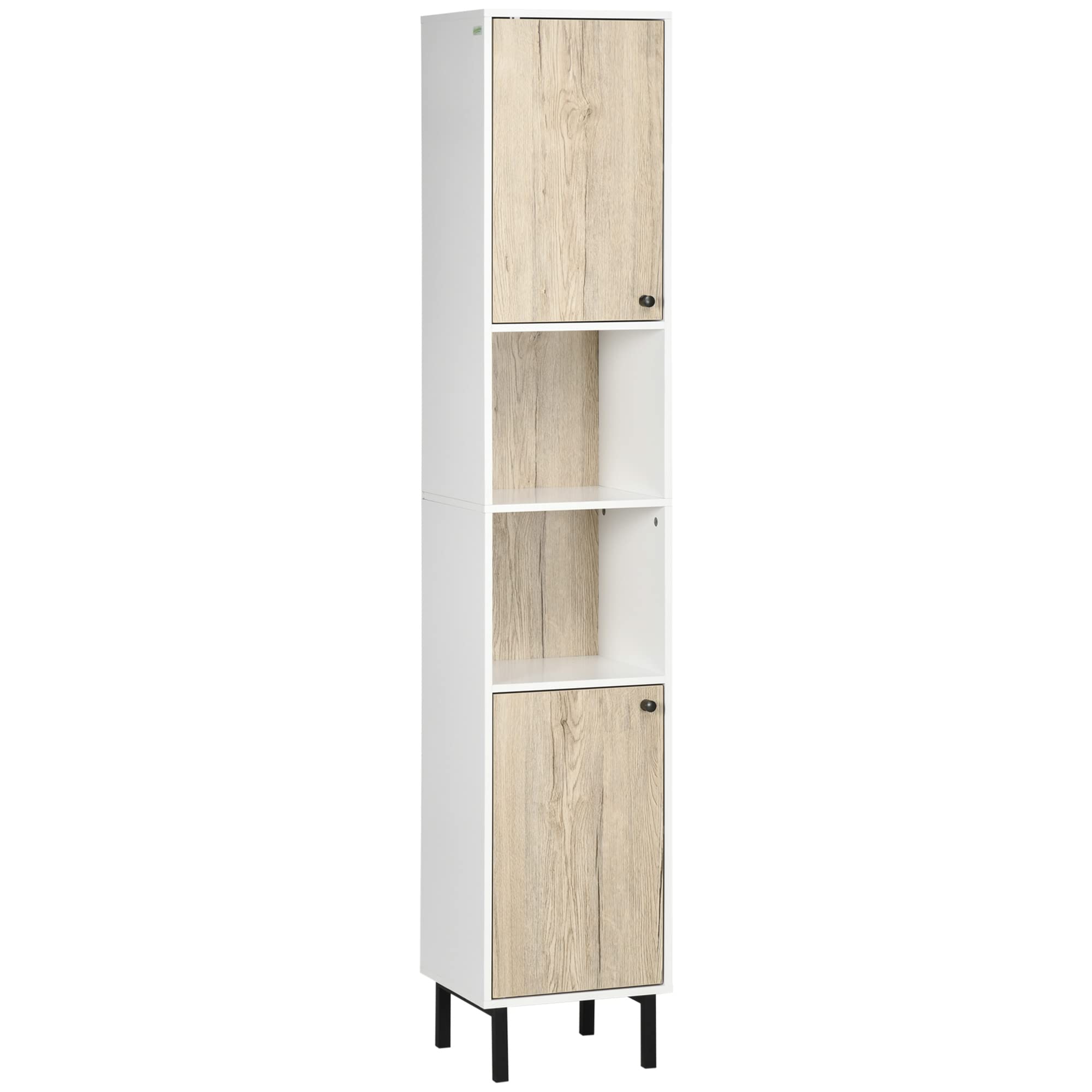 kleankin Armario Alto de Baño con 2 Puertas 31,5x30x169 cm Blanco y Roble | Columna Auxiliar de Baño, 6 Estantes, para Ducha Aseo Dormitorio, Estilo Moderno