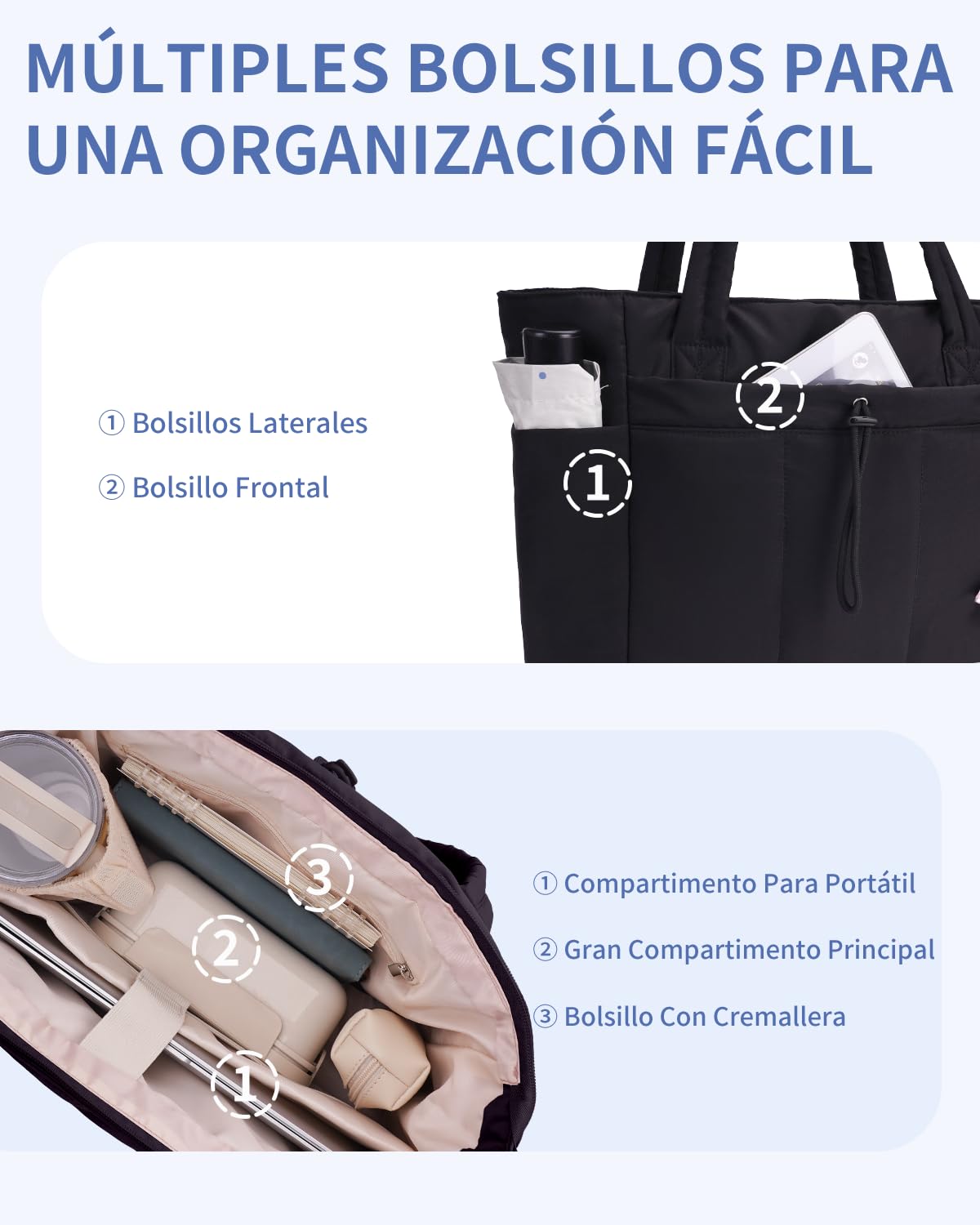 Wandering Nature Bolso Mujer Acolchado Grande, Bolso Shopper Mujer con Compartimento para Portátil 15.6" y Portabotellas 40oz para Negocios Escuela Viajes, (Patente en Trámite)