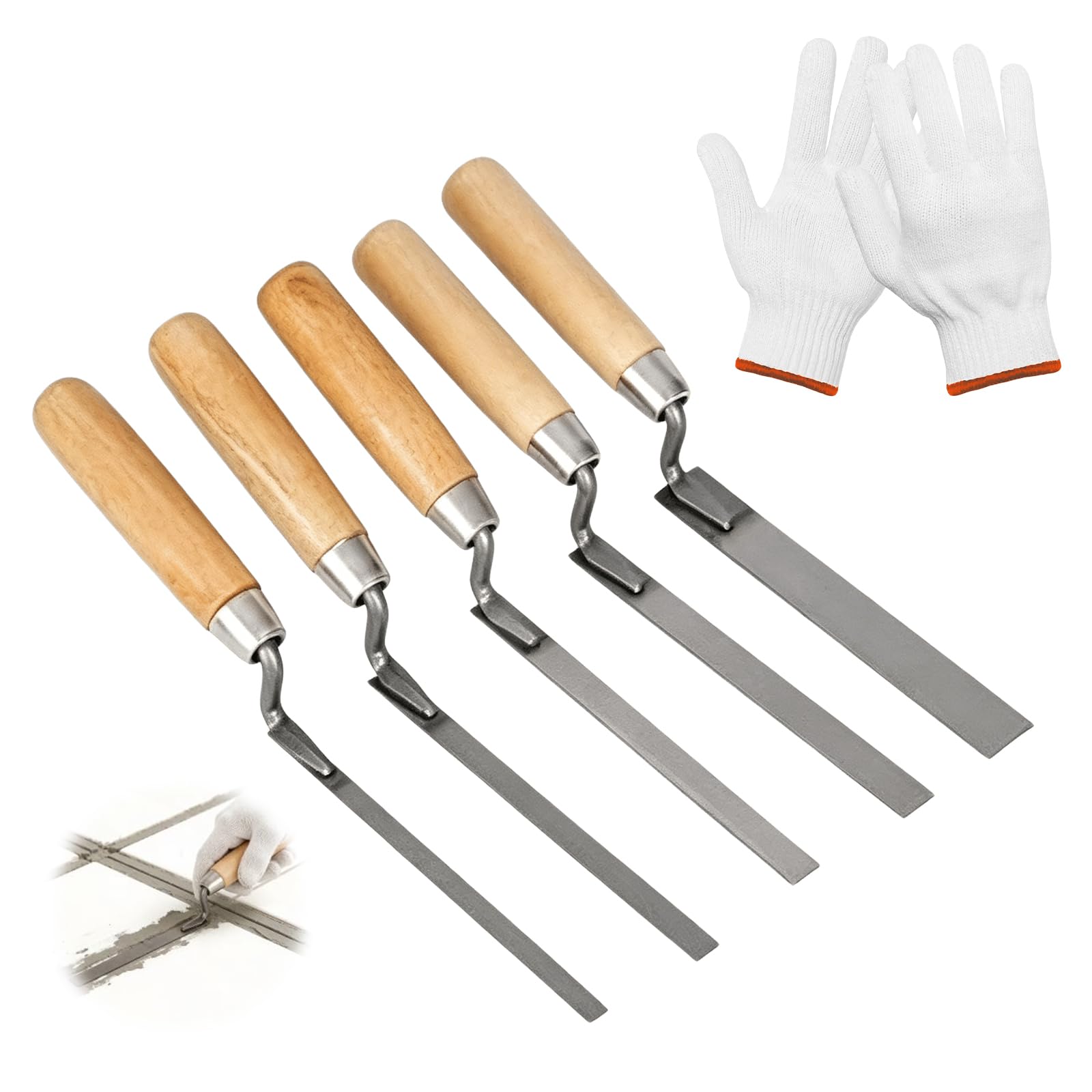 5 Pcs 6/8/10/12/15 mm Stainless Steel Pointing Trowel Set with Gloves