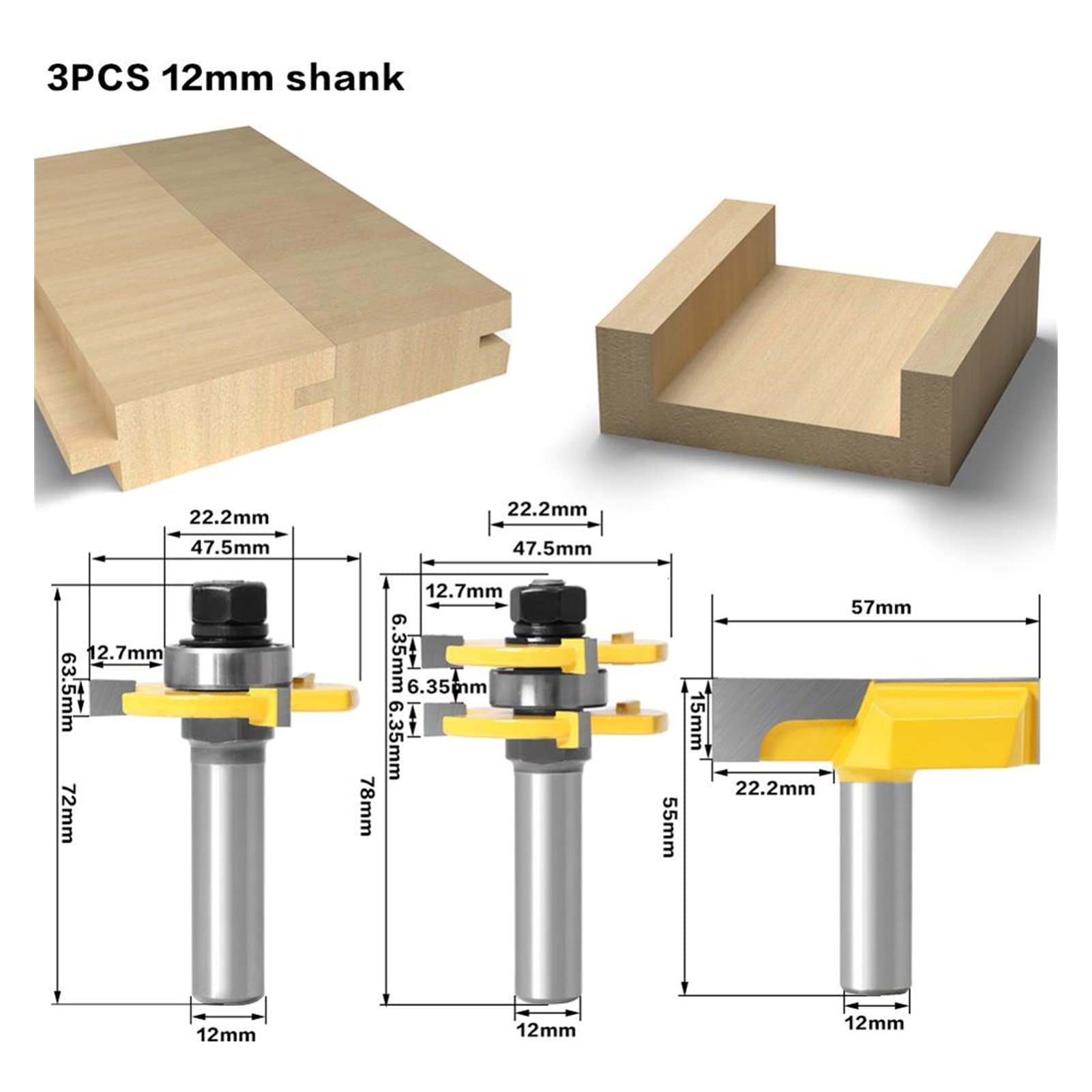 Cutter di fresatura Superficiale 3 Pezzi di 12 mm da 12 mm 1/2 Pollice Gambo Gambo Pezzo Groove Assembly Router Bit 3/4 "Stock T-Slot Tenon Fresatura taglierina Lavorazione del Legno