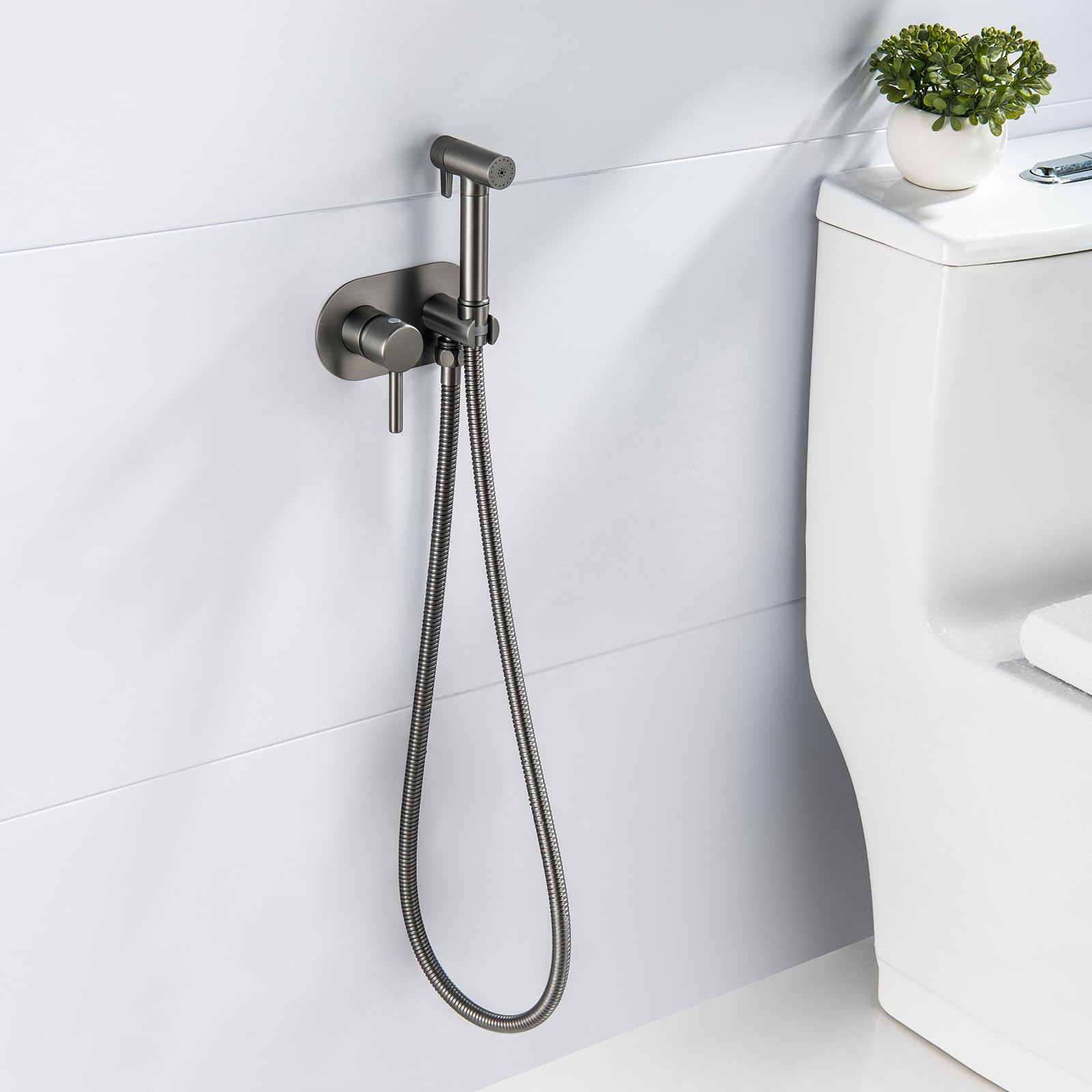Pulverizador de bidé de mano gris pistola para inodoro, 2 modos, juego de accesorios de bidé de latón con manguera para agua caliente y fría, ideal para limpiar pañales y mascotas