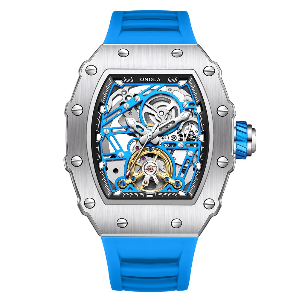 Tonneau Orologio Automatico Uomo Doppio Tourbillon, Stile Vintage, Quadrante Scheletrato, Cinturino In Silicone, Impermeabile 30m, Meccanico
