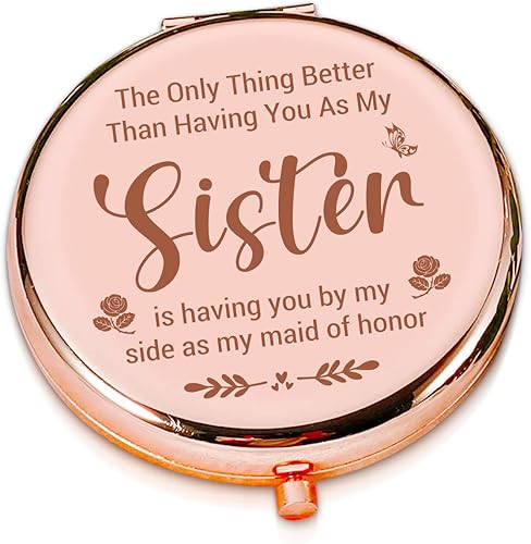 LRUIOMVE Regalo de dama de honor para boda divertido espejo de maquillaje de viaje grabado en oro rosa espejo cosmético de bolsillo compacto para