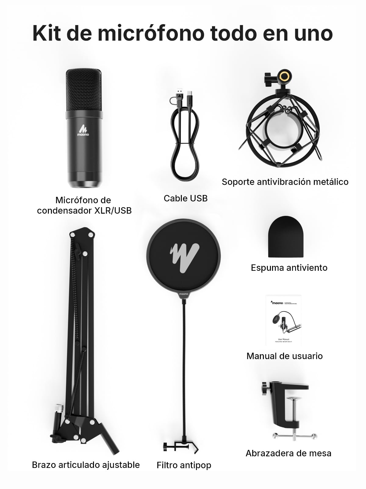 MAONO Micrófono de condensador XLR/USB: 192 kHz/24 bits Plug & Play PC Podcast Kit de micrófono de metal cardioide con software, chipset de sonido profesional para grabación, estudio, canto
