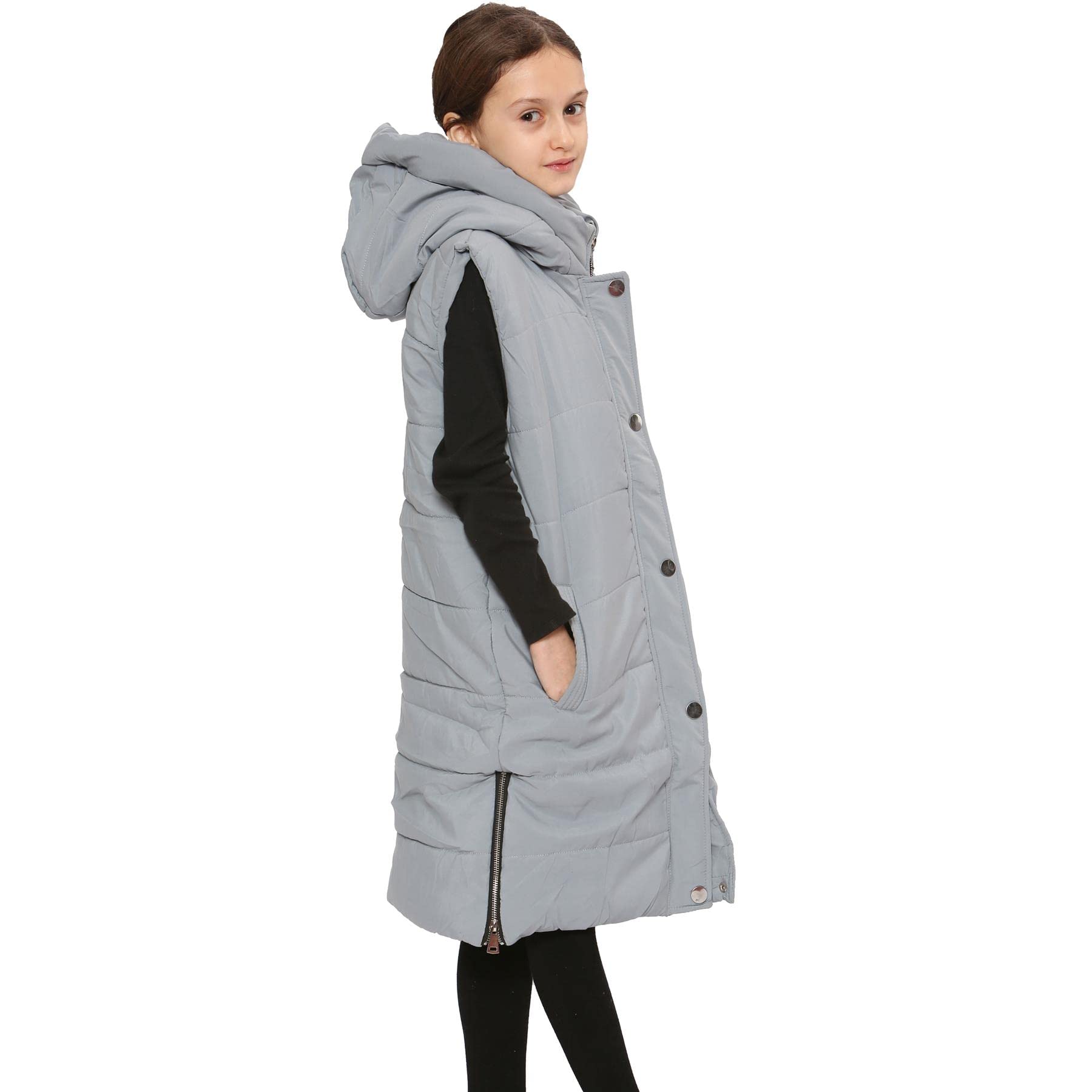 A2Z 4 Kids Mädchen Schwarze Steppweste Mit Kapuze Gepolsterte Lange Weste Daunenweste Übergröße Jacke langer ärmelloser Mantel Urbane Winterkleidung Alter 7-13 Jahre