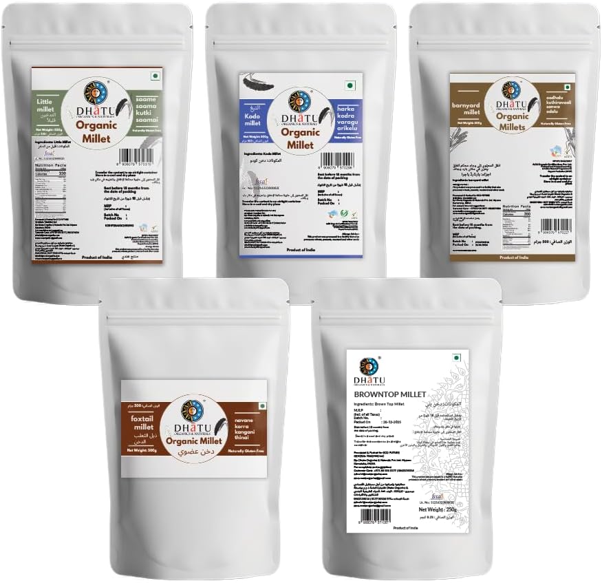 Dhatu Millet Combo Pack 500g Barnyard Little Kodo Foxtail + 250g Brown Top – Organic High Fiber Superfood Grains Gluten Free Healthy Whole Grain