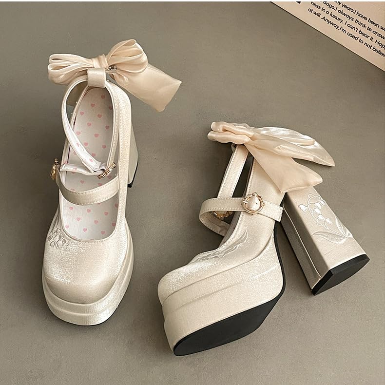 VERISSON Women's Close Toe Double Platform Block Mary Jane Pumps Ribbon Bowknot Buckle up Wedding Dress Shoes2
