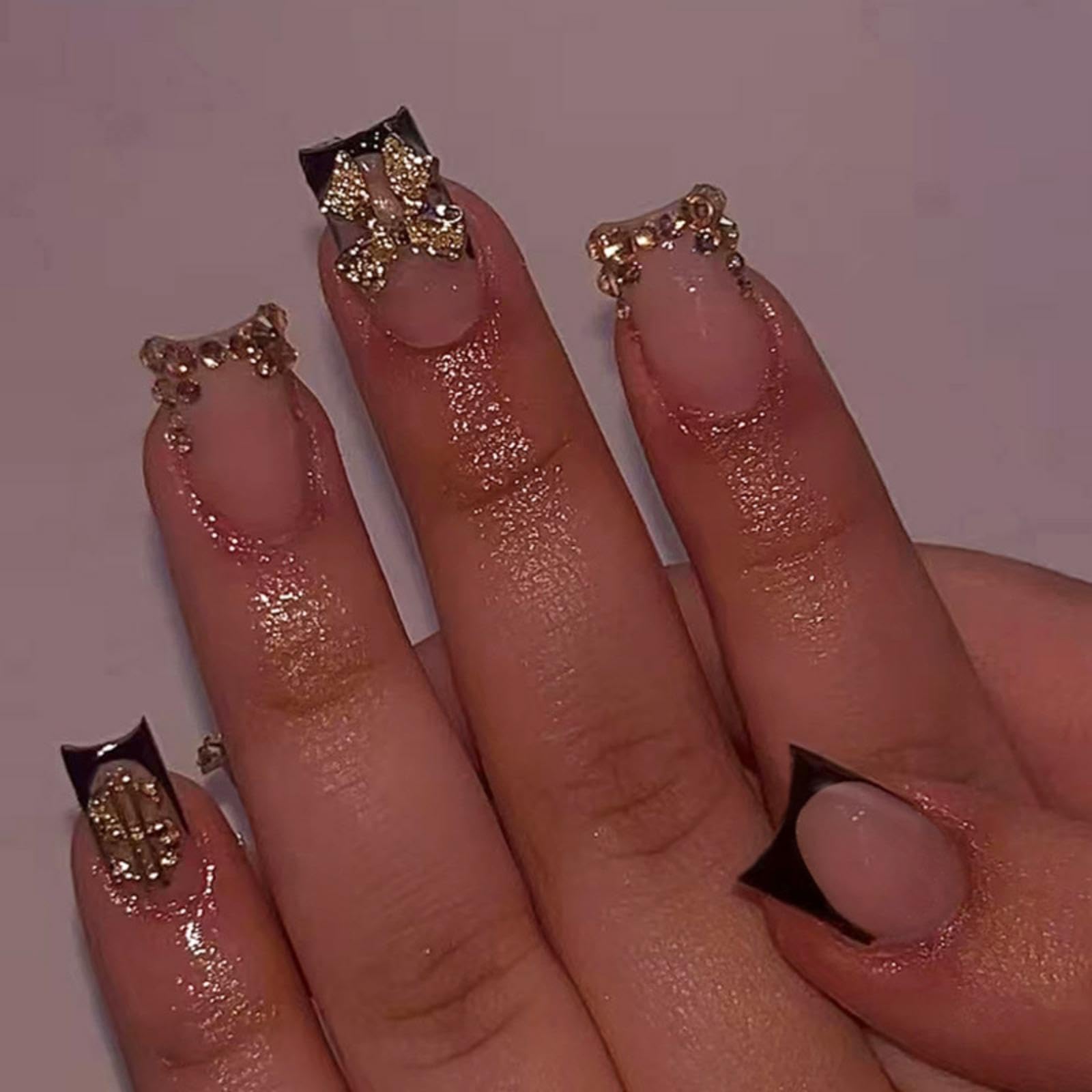 Black French Tips Press on Nails Medium Square False Nails with 3D Gold Bow Dollar Charm Design Rhinestone Fake Nails Skin Tones Glue on Nail Glossy