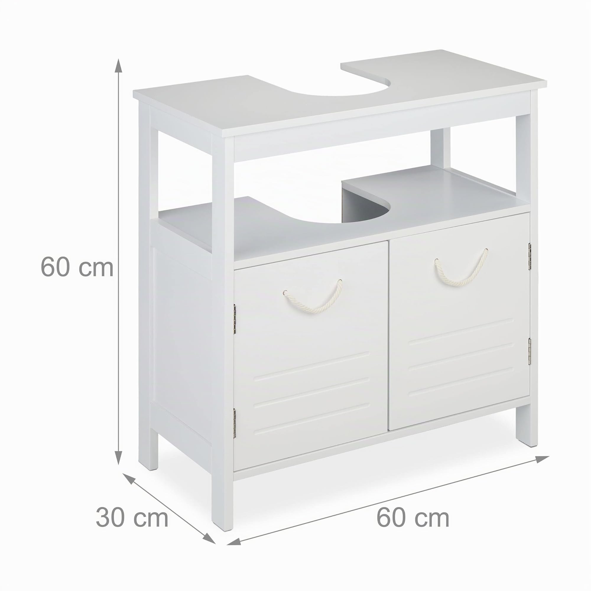 Relaxdays Mueble de Baño Bajo Lavabo 2 Espacios, Armario Pila Hueco para Sifón, Tiradores de Cuerda, 60x60x30 cm, Blanco