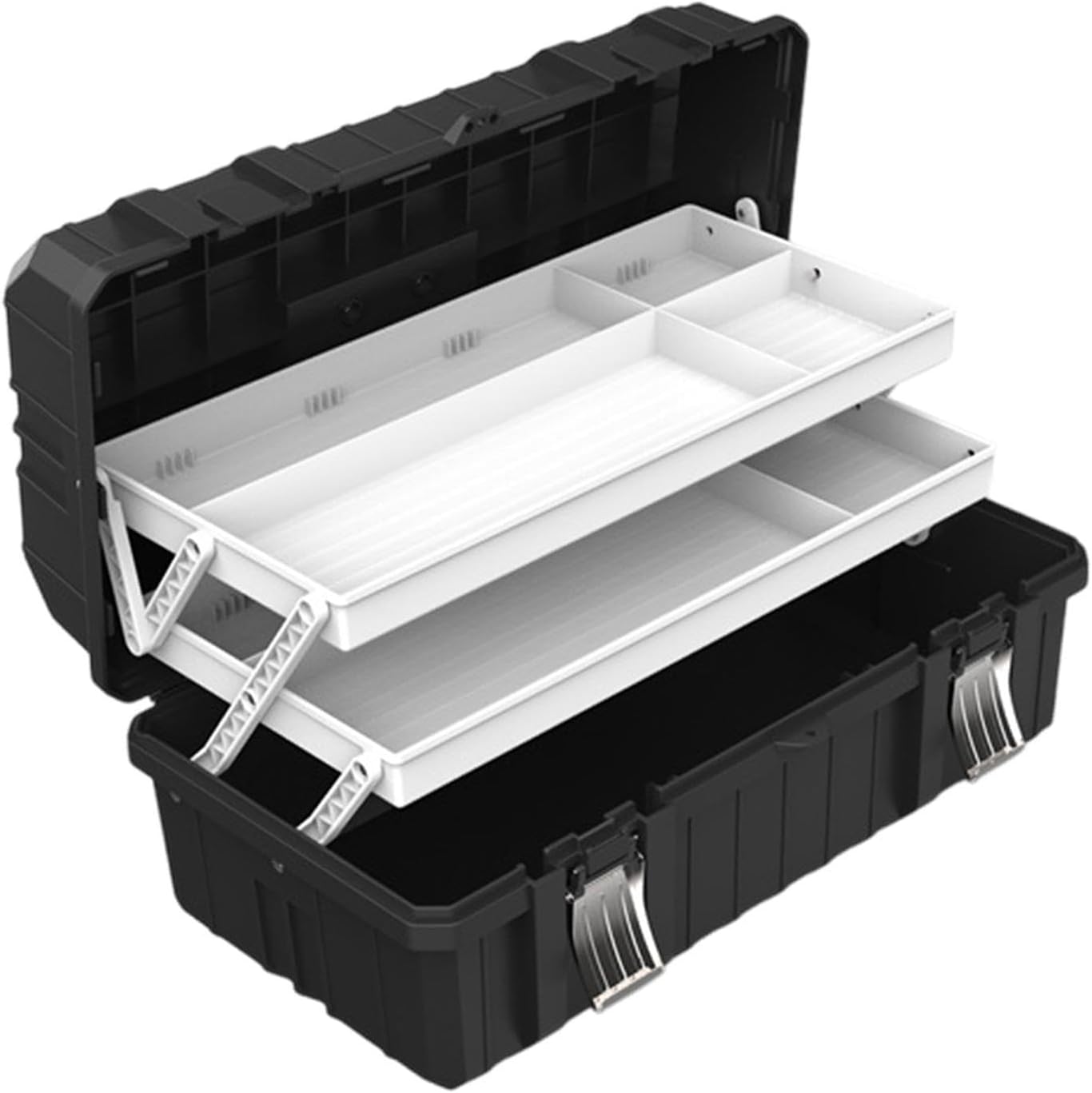 3 Layer Foldable Tool Box Portable Tool Case Suitcase Versatile Carrying Case Sturdy Fully Open Fishing Tackle Box, Full Black, 49cmx27.5cmx22cm