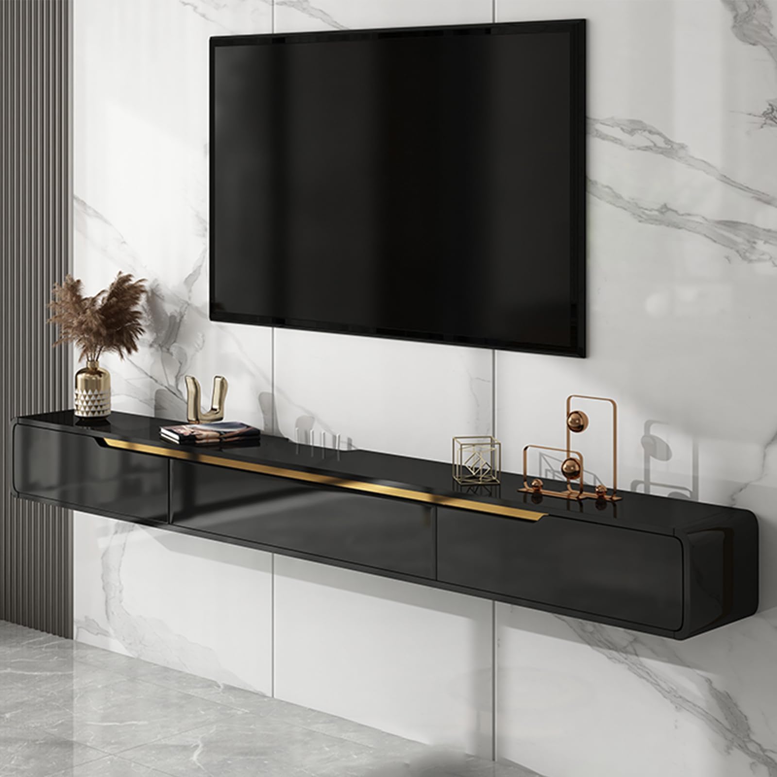 Ahtadums Solid wood Floating TV Stand, With 2 drawers floating tv cabinet, Floating tv unit wall mounted, completely assembled living room wall mounted tv unit (Black, 140cm)