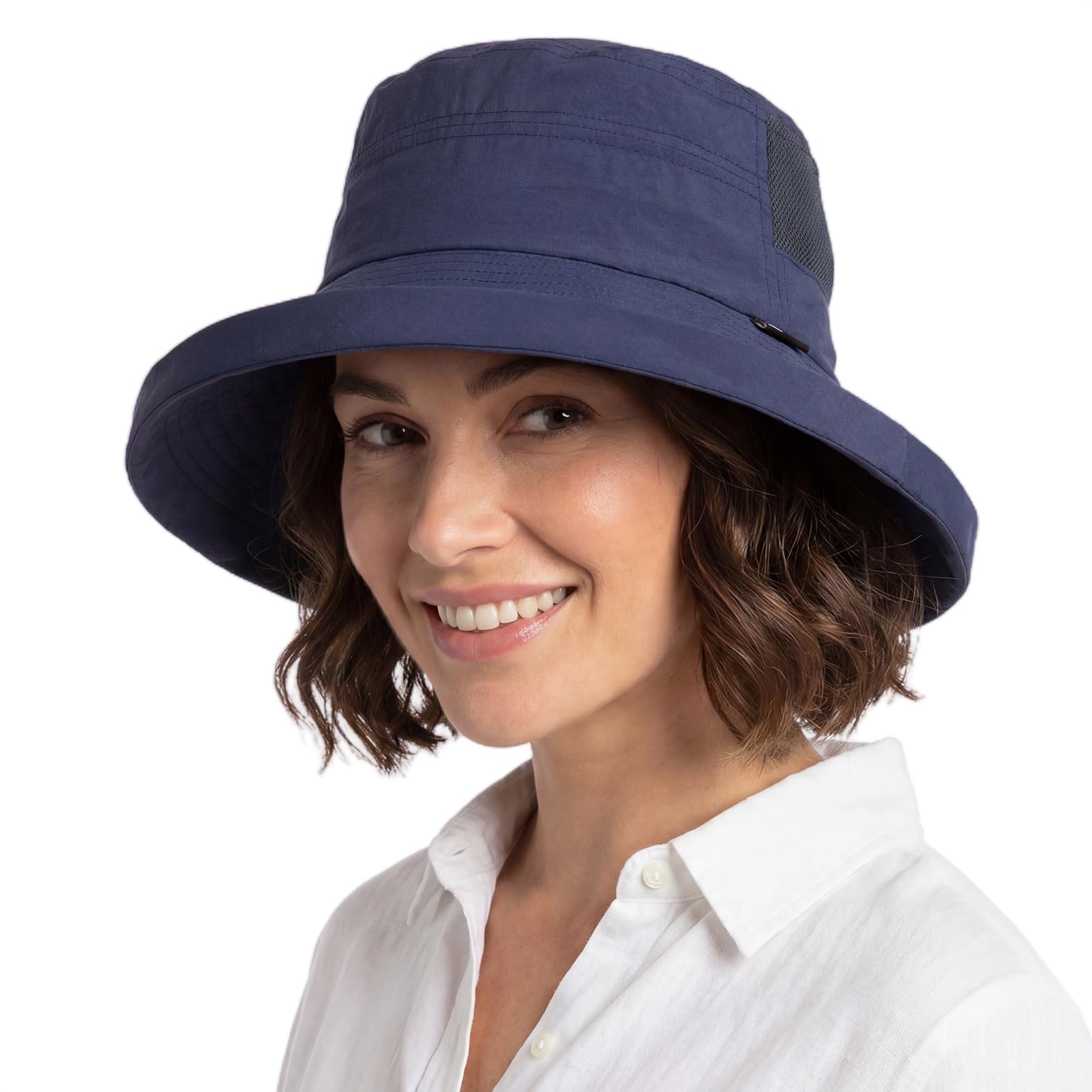 TOP-EX Women's Sun Hat with Ponytail, UPF 50 Wide Brim Fishing Hat for UV Protection, Waterproof Rain Hat, Bucket Hat with Chin Strap, Breathable Summer Mesh, Foldable, Outdoor Safari, navy, X-Large