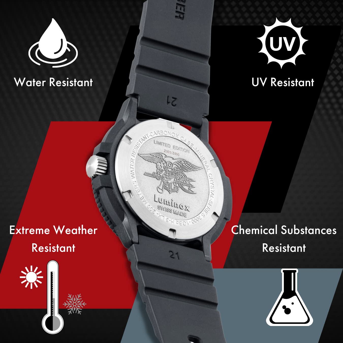 Luminox FPX.3000.21H.2.K Pasek do zegarka - 21 mm czarny zapasowy gumowy pasek z klamrą ze stali nierdzewnej do 3000 3001, czarny/szary, nowoczesny, czarny/szary, Nowoczesny