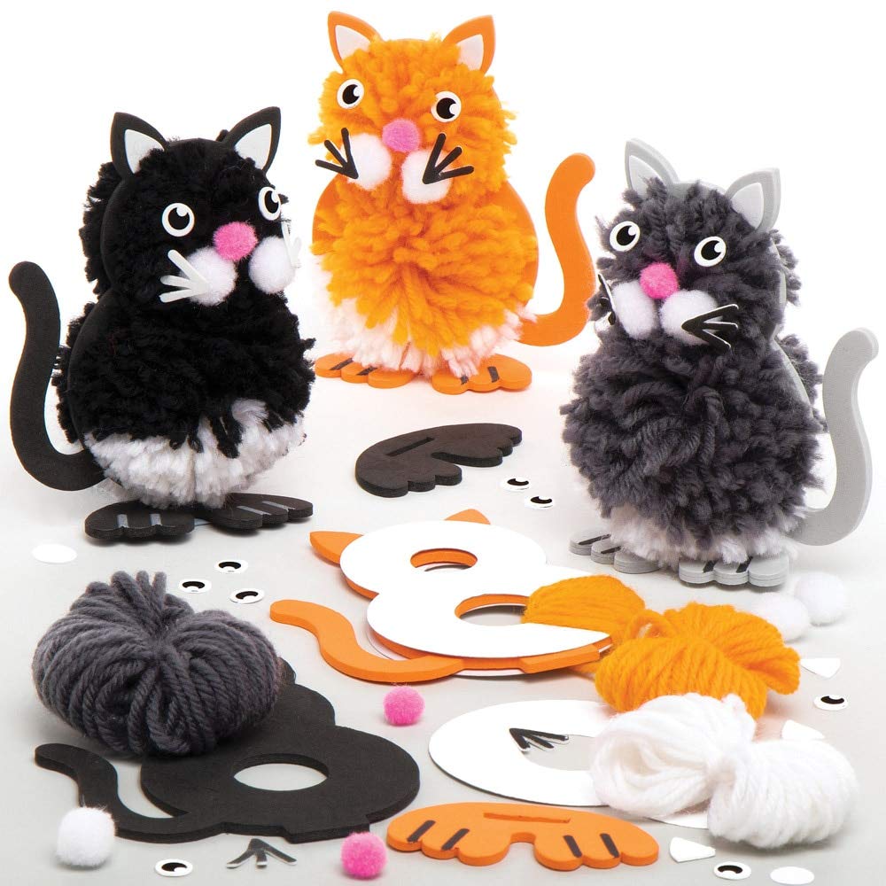 Baker Ross AT837 Cat Pom Kits - Pack of 3, Creative Art 11 cm, Multicolor
