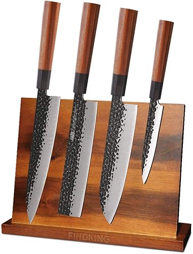 FINDKING Juego de cuchillos de cocina de 4 piezas en uno con bloque magnético de madera de teca, serie Dynasty, 3 capas, 9CR18MOV, acero revestido