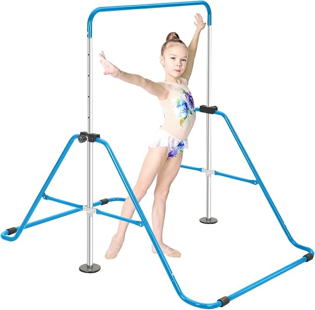 Trintion Kids Horizontal Bar Gymnastics Training Bar Adjustable Height Folding Horizontal Bars for Indoor Outdoor Use (Blue)