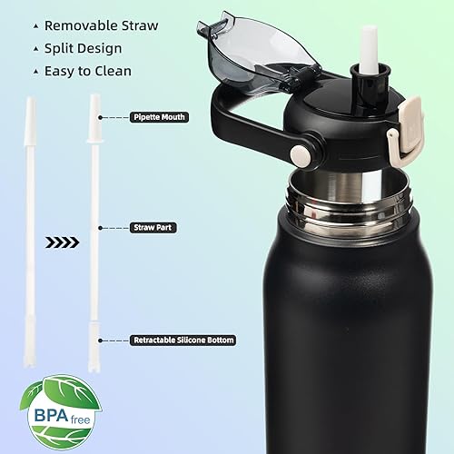 Miniatura 4 de BJPKPK - Botellas de agua con aislamiento y pajilla, de metal de acero inoxidable de 35 oz con tapa de apertura con una mano, deportivas, libres de