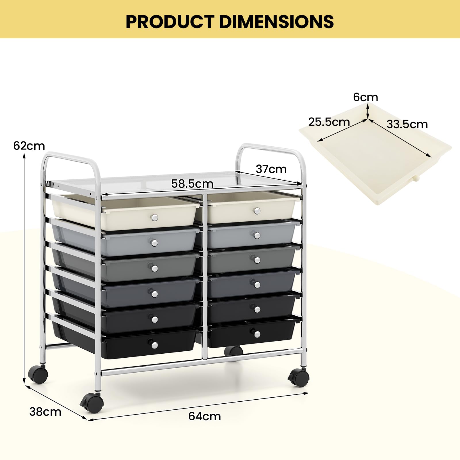 GIANTEX Carrello con 12 cassetti impilabili, carrello per cassetti con ruote e piano di lavoro, carrello per soggiorno, cucina, camera da letto e uffici, 64 x 38 x 62 cm (nero e grigio)