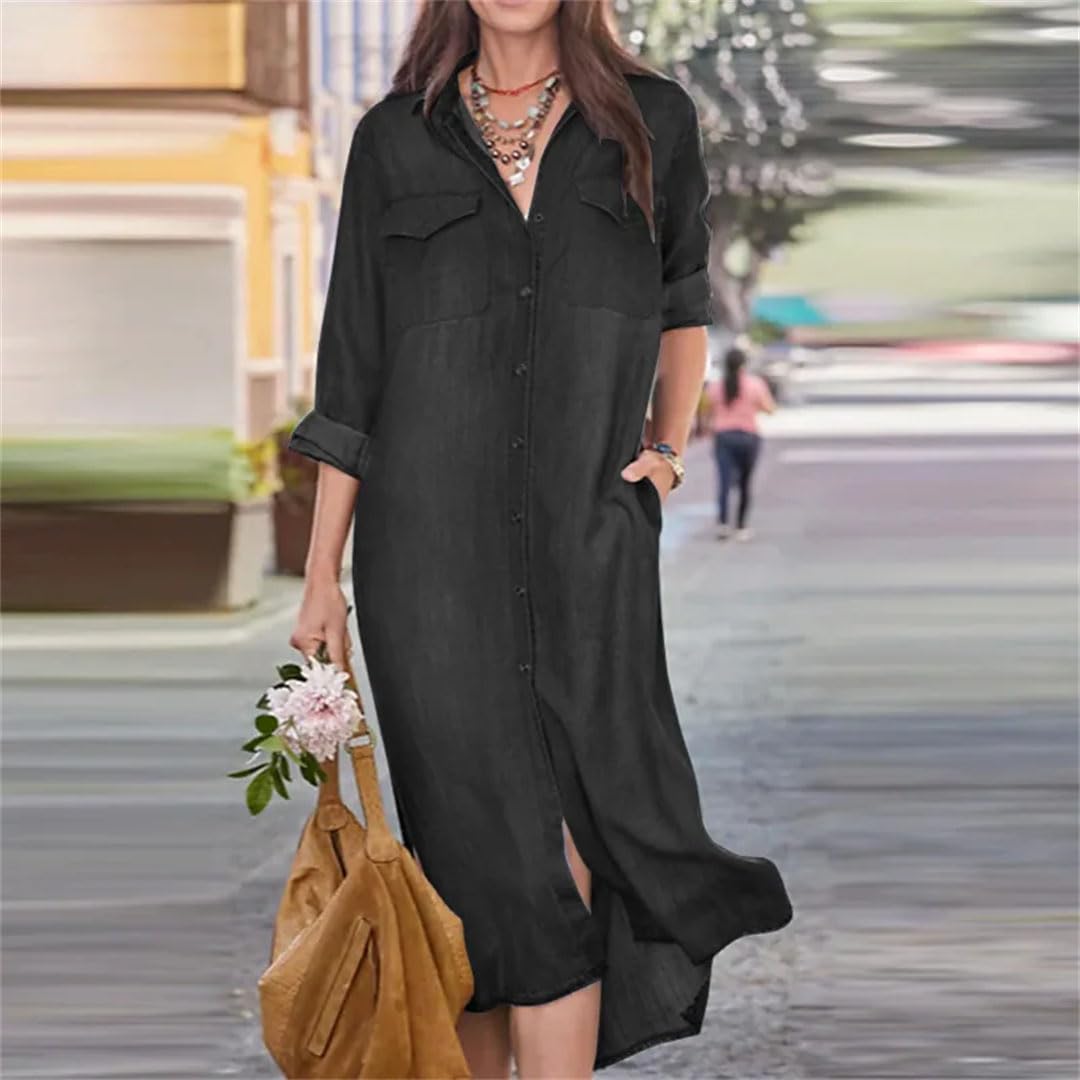Vestido camisero de mezclilla de gran tamaño para mujer, vestido largo de manga larga para primavera y otoño