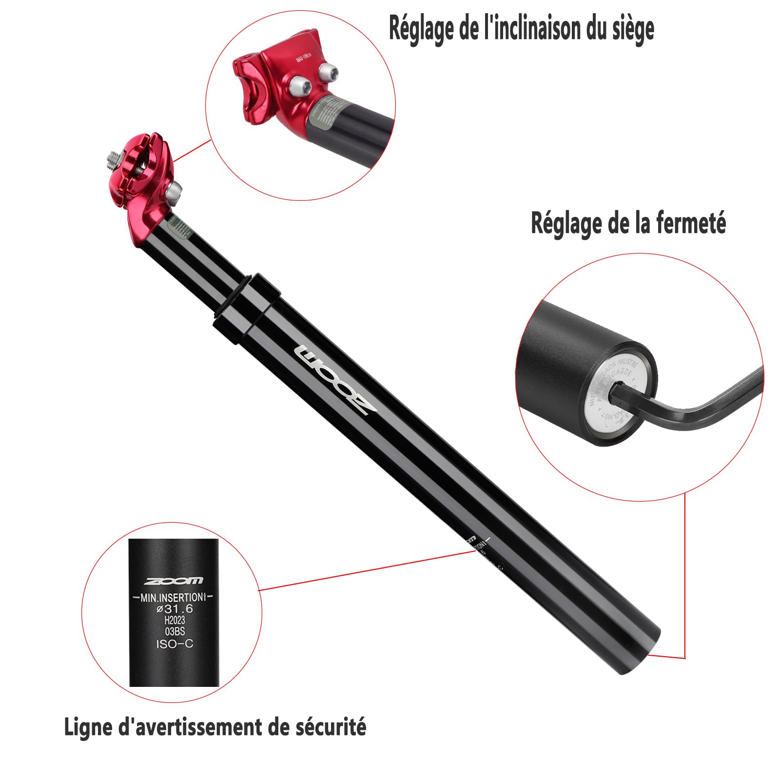 Tige de Selle à Suspension pour vélo, Tige de Selle à Ressort, Alliage d'aluminium, diamètre 27,2 mm/30,8 mm/30,9 mm/31,6 mm, Convient aux vélos électriques, VTT, vélos de Ville