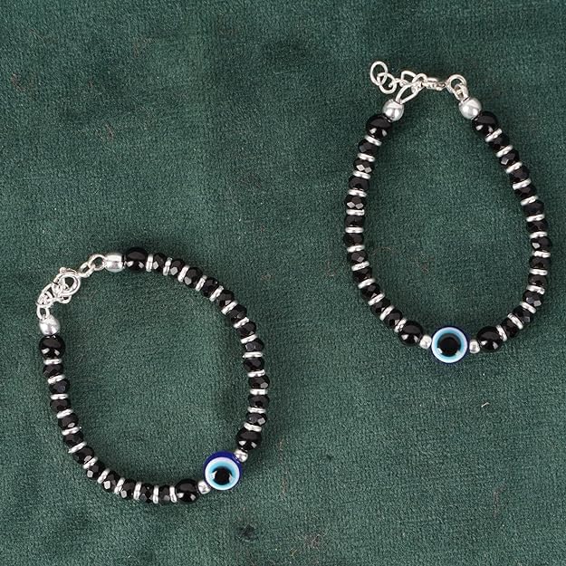Exclusive 925 Pure Silver Evil Eye Baby Nazariya Bracelets with Black Crystal & Silver Beads for New Born Baby Boys and Girls (4 inch + 1 inch Adjustable)