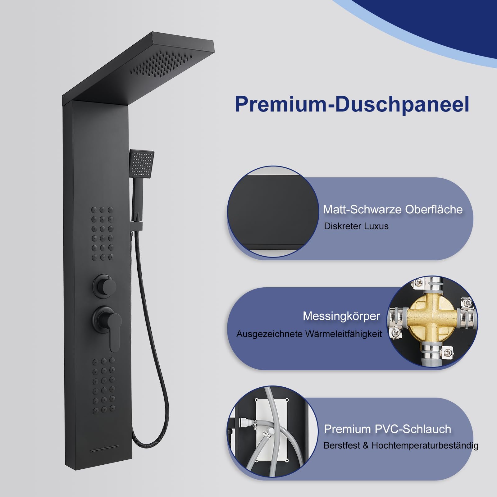 Pannello doccia con rubinetto, colonna doccia 4 in 1, in acciaio inox, nero opaco