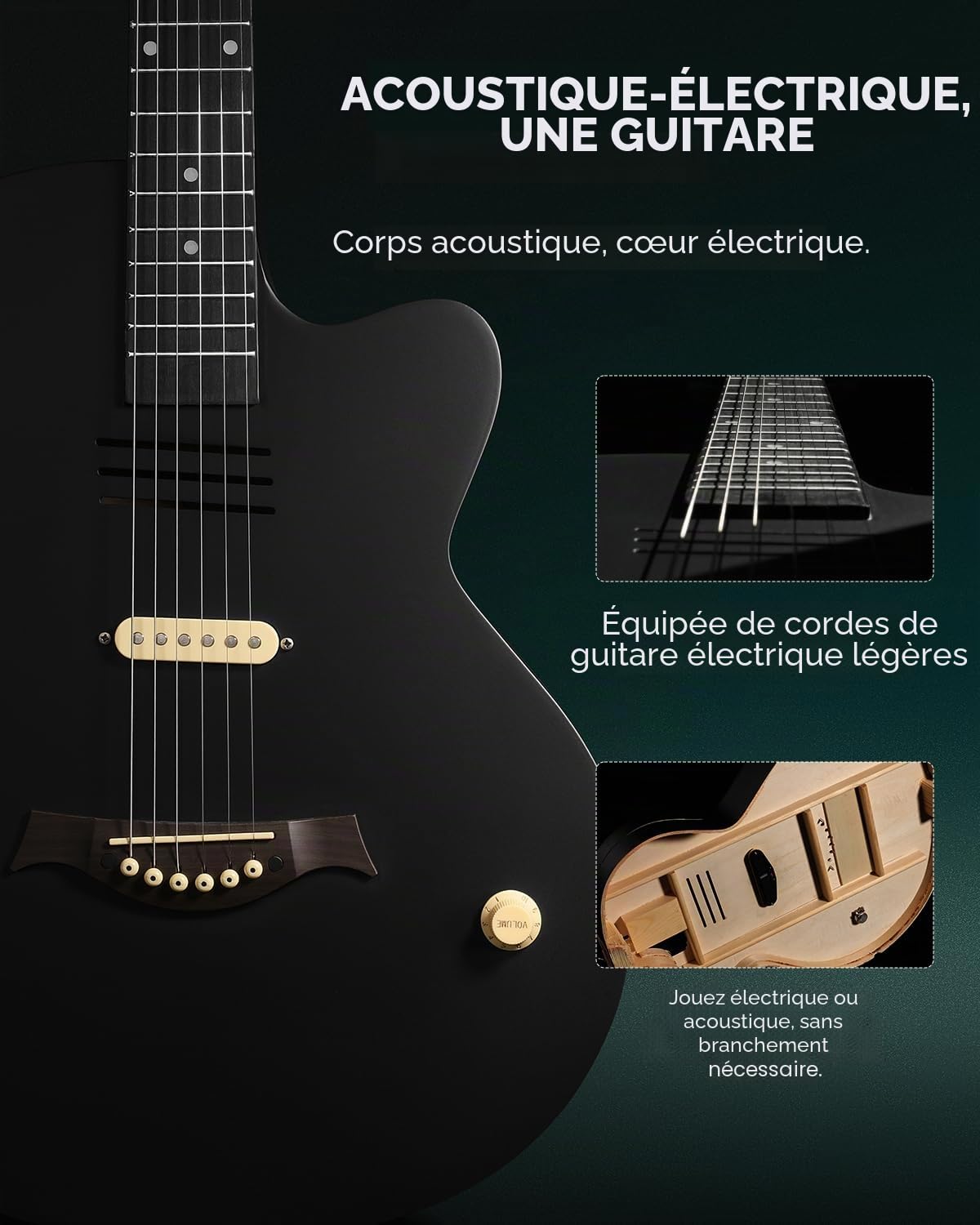 Guitare électro-acoustique Moukey BCC-100 39-inch, pan coupé, micro passif, housse, sangle, médiators, accordeur et capodastre, noire