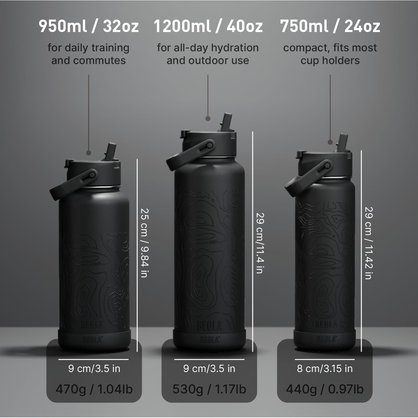 BEOLA 750ml Vacuum Insulated Water Bottle, Double Wall Thermolab series Stainless Steel Drinking Flask with Straw Lid & Wide Mouth, 2 lids, Hot Cold Thermos Sports Bottle, 25oz (Mountain Black)