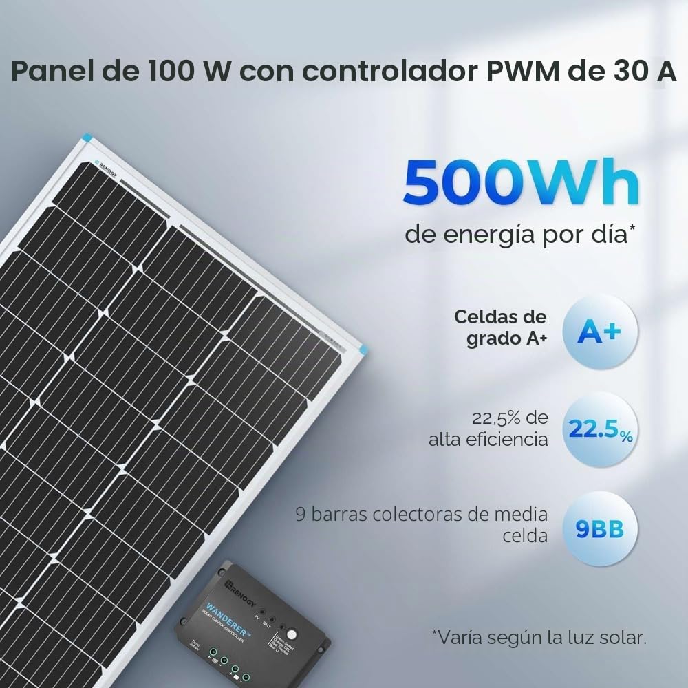 Renogy Kit Solar 100w 12V,Kit Solar Autoconsumo, Kit Panel Solar, Kit Solar Autocaravana de Placa Solar 12V Monocristalino con Regulador Solar PWM 30A para Furgoneta,Camper,Casa